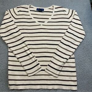 Karen Scott Women’s Striped V Neck Sweater Small Cream Brown Knit Pullover